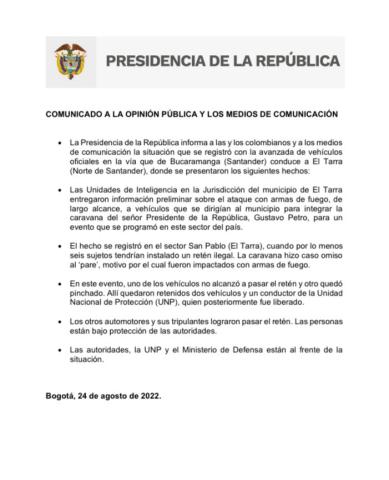 Comunicado oficial de la Presidencia de la República de Colombia 