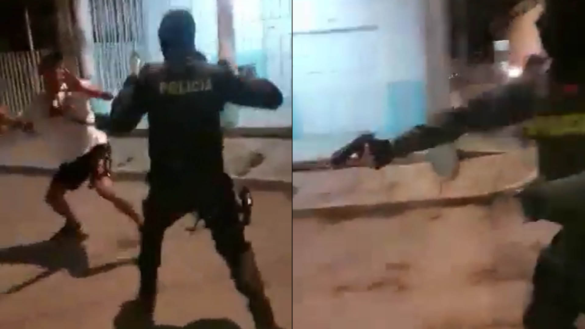 En la segunda imagen se observa el momento en el que el uniformado saca su arma de dotación y dispara al suelo, muy cerca de la humanidad del joven.