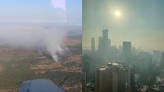 Zona del incendio (izquierda) y los efectos del humo en Barranquilla (derecha)
