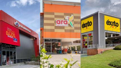 De izquierda a derecha, las fachadas de tiendas Olímpica, Ara y Éxito en Barranquilla y Bogotá. 